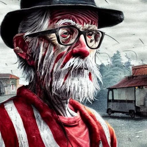 Image similar to grim, hyperrealistic portrait of where's waldo as a tired and grizzled old man on the run, looking for one last big score before he calls it quits. haunting, realistic digital painting with dark, dramatic lighting and severe grittiness.