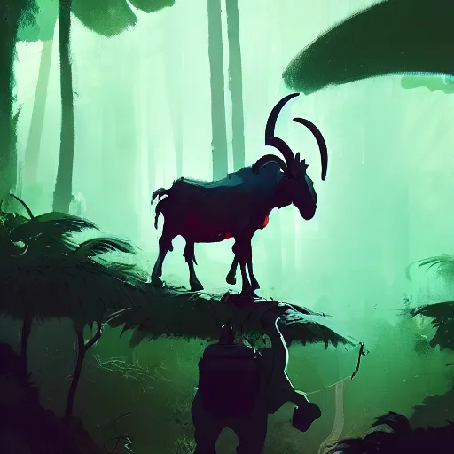 Image similar to ismail inceoglu and jama jurabaev's concept art, cel shadow, film shooting, trends on artstation, high quality, brush strokes, bright colors, giant demon goat skull in mysterious rainforest - w 8 9 6