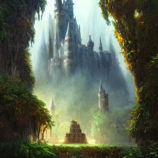 Image similar to a castle with alot of vegetation casper david friedrich raphael lacoste vladimir kush leis royo volumetric light effect broad light oil painting painting fantasy art style sci - fi art style realism artwork unreal engine