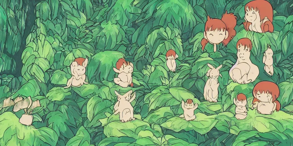 Image similar to cute spirits in a rainforest. studio ghibli art style
