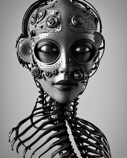 Image similar to black and white dreamy foggy smoky profile face portrait, one silver steampunk eye biomechanical beautiful young female cyclope - cyborg - robot bust, body ribs meshes,, volumetric light, hibiscus flowers, by hg giger, rim light, by dora maar and cecile beaton, big gothic fashion pearl embroidered collar, 8 k