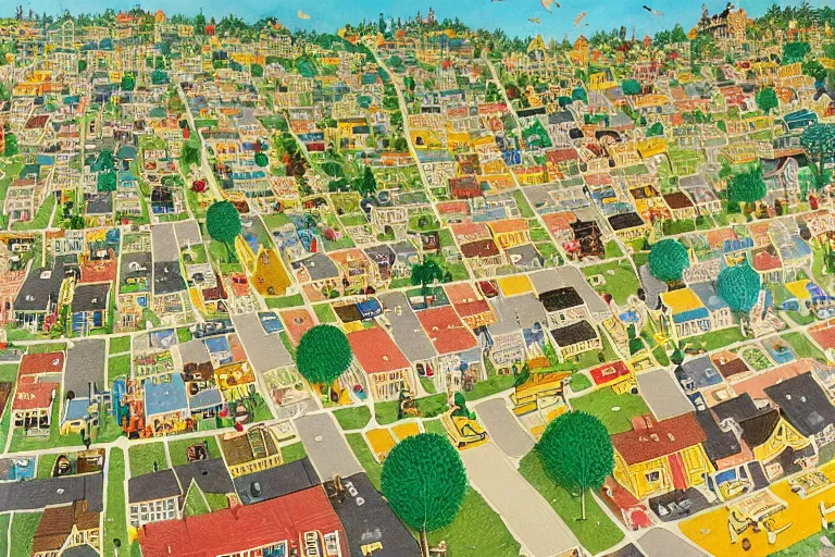 Image similar to an elaborate and dense painting of a peaceful neighborhood, detailed, made of alcohol ink on parchment and penned illustrations, by richard scarry and beeple