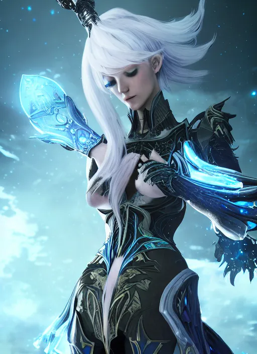 Image similar to photo of a sorceress near mage tower, warframe armor, cyborg, magical dress, fantasy, white hair, trees, village far away, interesting angle, sharp focus, 8 k high definition, insanely detailed, intricate, intelligent, art by akihiko yoshida and shirotaka