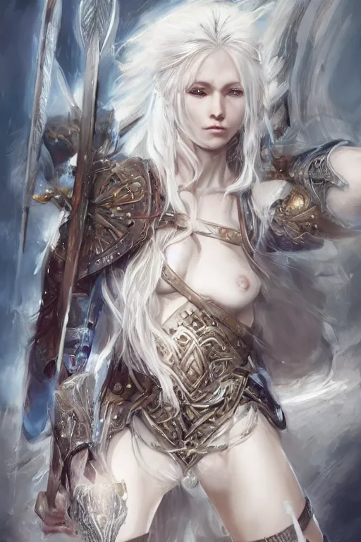 Image similar to A realistic anime portrait of a beautiful white haired female barbarian wearing an intricate viking armor, digital painting, by Stanley Artgerm Lau, Sakimichan, WLOP and Rossdraws, digital painting, painterly, Pixiv, Deviantart, golden ratio, rule of thirds, good composition, HD, 8k, award winning, promo art, splash art, rpg, jrpg, dungeons and dragons, DND, trending on ArtStation