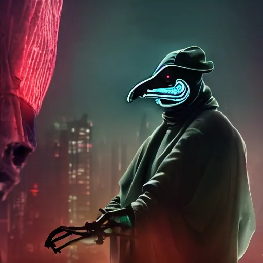 Image similar to cyberpunk inspired plague doctor hacking, 4 k, stunning, shifted angle