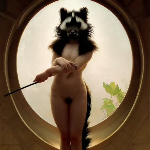 Image similar to portrait of a skunk girl, furry body, full body, intricate, elegant, highly detailed, digital painting, artstation, concept art, smooth, sharp focus, illustration, art by artgerm and greg rutkowski and alphonse mucha and william - adolphe bouguereau