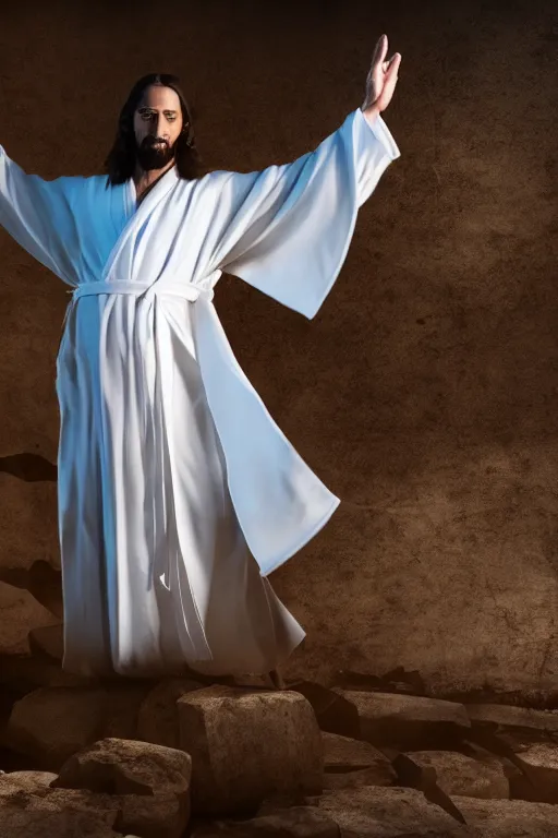 Image similar to jesus christ wearing a white robe strikes a dance pose in the apocalypse, intricate, hyper detailed, accent lighting, dramatic light, 4 k octane render