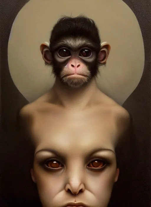 Prompt: an unnerving portrait of a marmoset monkey with pitch black eyes and short blond hair, art tom bagshaw