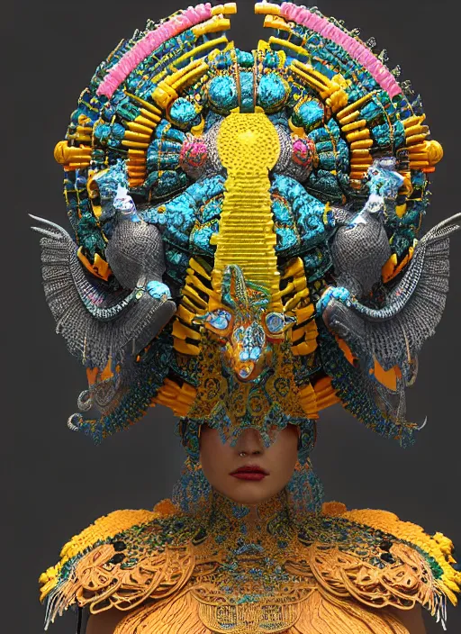 Image similar to 3 d goddess close - up profile portrait. beautiful intricate highly detailed mexican magpie helm and traditional mexican huipil! quetzalcoatl, stingray, bio luminescent, plasma, lava, ice, water, wind, stormy, creature, artwork by tooth wu and wlop and annie leibovitz, octane 3 d render