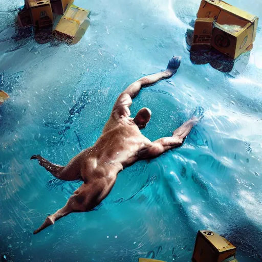 Image similar to jeff bezos swimming in a pool of cash, 4 k, photography, extremely detailed, digital art, trending on artstation, greg rutkowski, cinematic lighting, hyperrealistic