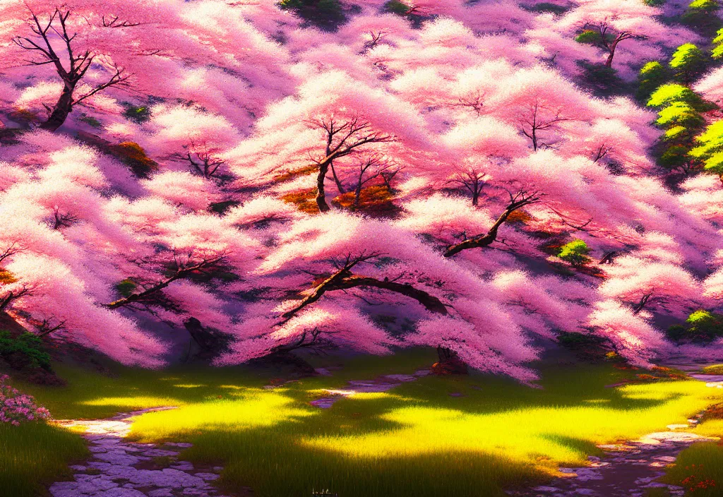 Image similar to a real photographic landscape painting with incomparable reality, wide angle, in forest, flowers, cherry blossom tree in full bloom, bright style, mount fuji, clearing, magnificent, artstation, art by makoto shinkai