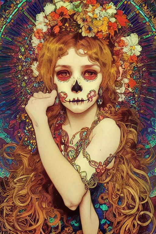 Image similar to realistic detailed psychedelic poster art of a cute Día de los Muertos girl by Victor Moscoso Rick Griffin Alphonse Mucha Ayami Kojima Amano Charlie Bowater, masterpiece