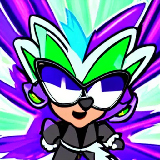 Prompt: a cyan silver the hedgehog with black tipped quills on his head wearing green - tinted sunglasses, a purple and green cape, and purple and green shoes