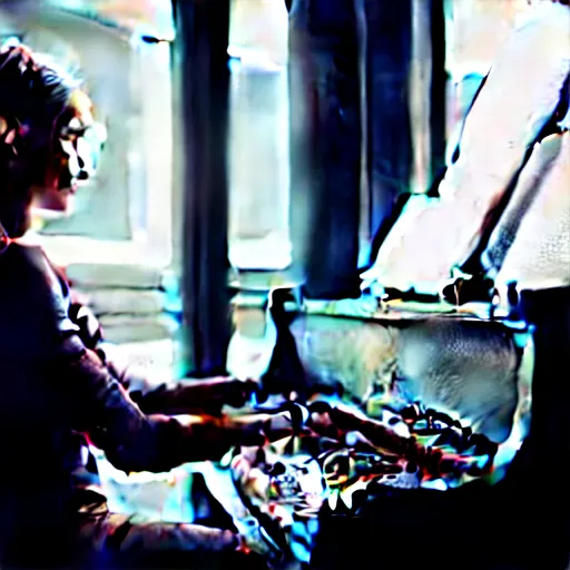 Image similar to a cyborg playing the piano in a futuristic apartment, award winning art, 4k, highly detailed, sharp focus, cinematic lighting, smooth