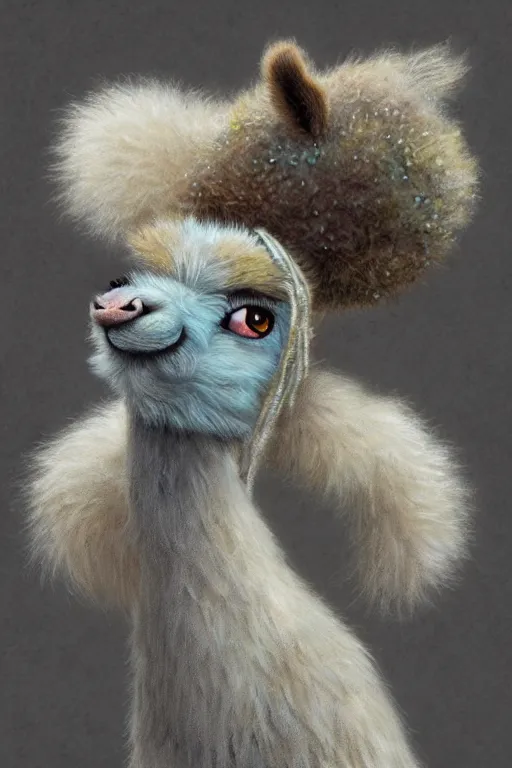 Prompt: A cutest adorable furry llama portrait made of dreams and hopes, 4k hd storybook illustration by Brian Froud, Geoff Darrow, Moebius, Beeple, detailed illustration, #oc, Artstation, CGsociety, behance