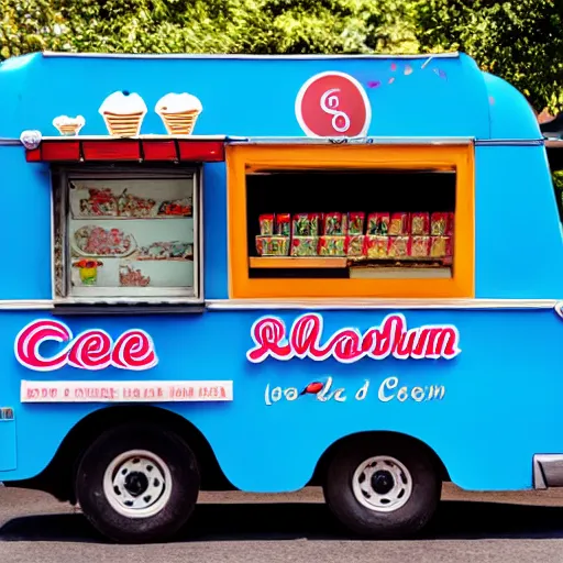 Prompt: menu of ice cream on side of ice cream truck