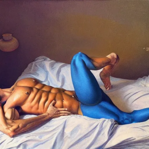 Image similar to photo shot of oiled up glossy 1 8 y. o. muscular genie with blue skin, posing in bed, morning sunlight, greek, dramatic, romantic, detailed, realistic, in style of j. c. leyendecker