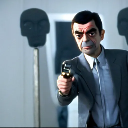 Image similar to film still of Mr. Bean playing Terminator, 4k