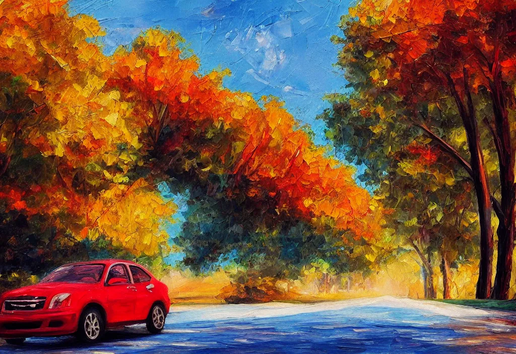 Image similar to one red car driving in the road, nature, golden hour, brush strokes, oil painting