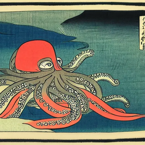 Image similar to an octopus driving a car, ukiyo-e by Utagawa Kuniyoshi