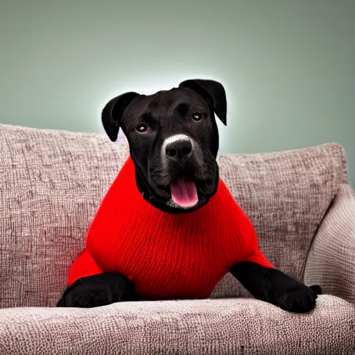 Prompt: American Staffordshire terrier sitting on a sofa wearing a green sweater, 8k, hdr