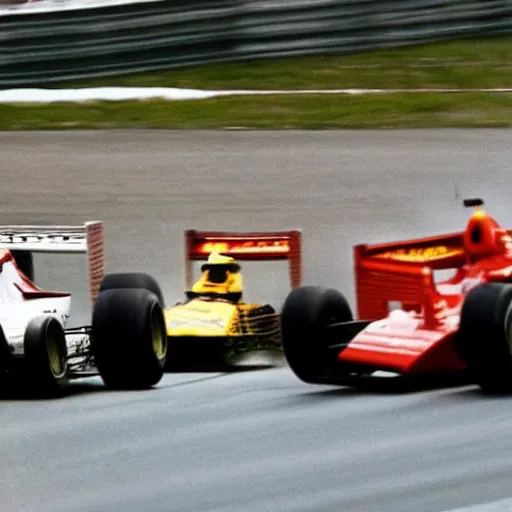 Image similar to Michael Schumacher leading the race, 1980 style photography