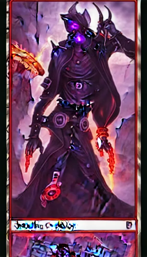 Image similar to the whispering cyber - devil, cyberpunk trading card, card art, magic the gathering and hearthstone style