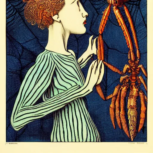 Image similar to a girl with a spider, colored woodcut, flat pastel colors, by Mackintosh, art noveau, by Ernst Haeckel