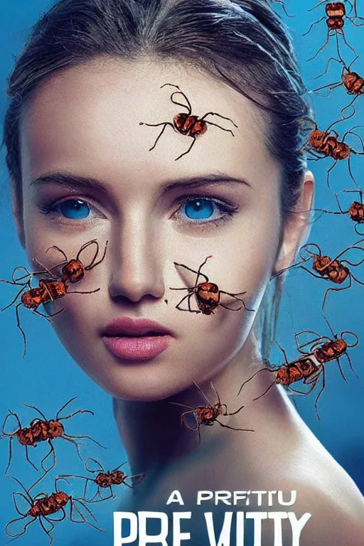 Image similar to a photo of a pretty woman with many ants on her face. movie poster. detailed. artistic. pretty