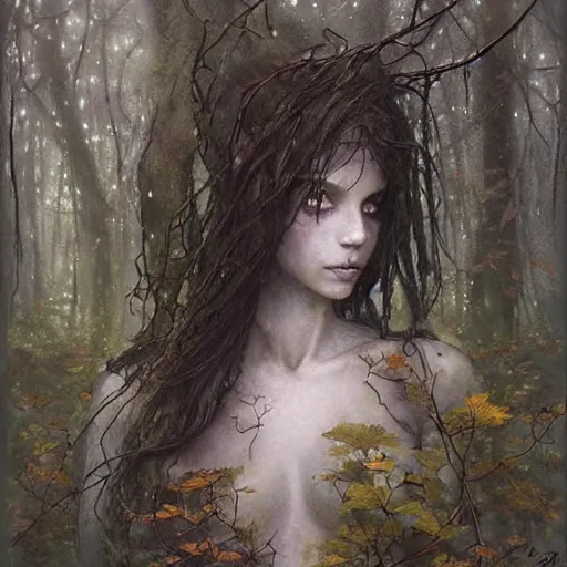 Prompt: portrait of a dryad, in a forest of fey autumn maples, her skin glistens with rainwater by greg rutkowski and brian froud dark mysterious, filtered evening light