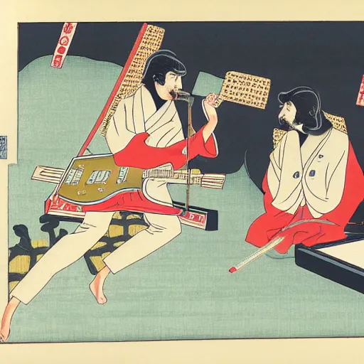 Prompt: The Beatles playing in the Budokan, Ukiyo-e art,