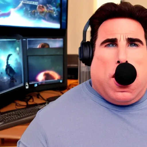 Image similar to obese John Travolta wearing a headset yelling at his monitor while playing WoW highly detailed wide angle lens 10:9 aspect ration award winning photography