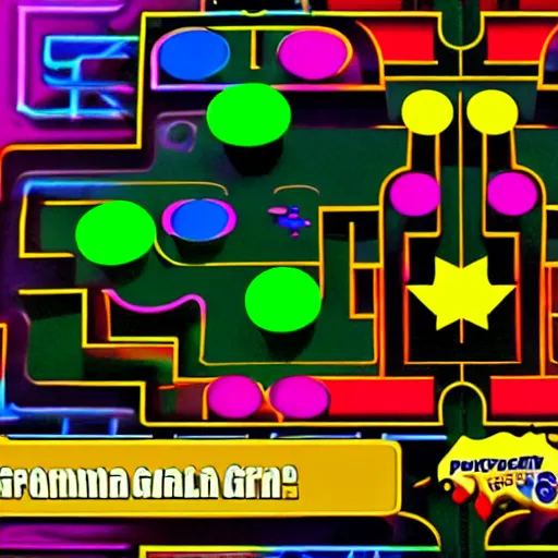 Prompt: a screenshot from the game Pac-Man, first-person view