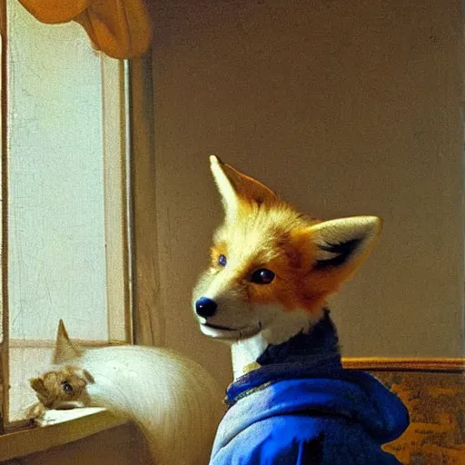 Image similar to an oil painting of a wire - haired fox terrier barking all the time at golden hour painted by johannes vermeer, masterpiece 8 k