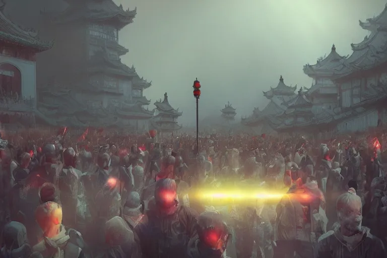 Prompt: crowds of programmers are marching to chinese palace, dark atmosphere, light above palace, digital art, trending on artstation