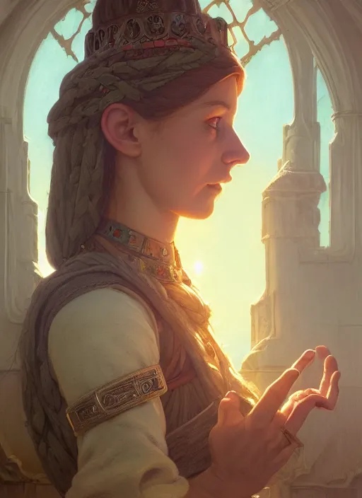 Image similar to highly detailed portrait of a medieval maiden in a castle, stephen bliss, unreal engine, greg rutkowski, loish, rhads, beeple, makoto shinkai and lois van baarle, ilya kuvshinov, rossdraws, tom bagshaw, tom whalen, alphonse mucha, global illumination, god rays, detailed and intricate environment