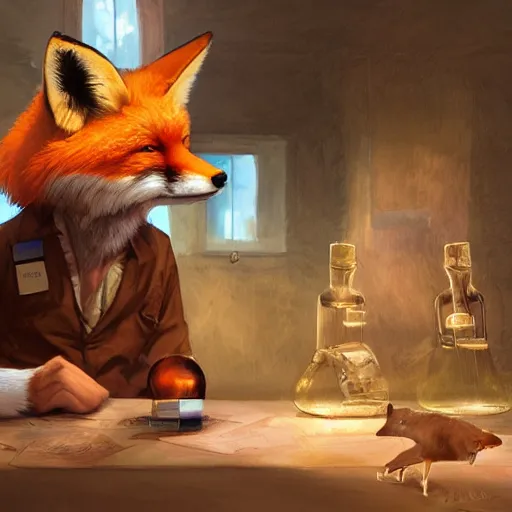 Image similar to A fox doing science, humanoid fox at a science table, chemicals, by Stanley Artgerm Lau, WLOP, Rossdraws, James Jean, Andrei Riabovitchev, Marc Simonetti, and Sakimichan, trending on artstation