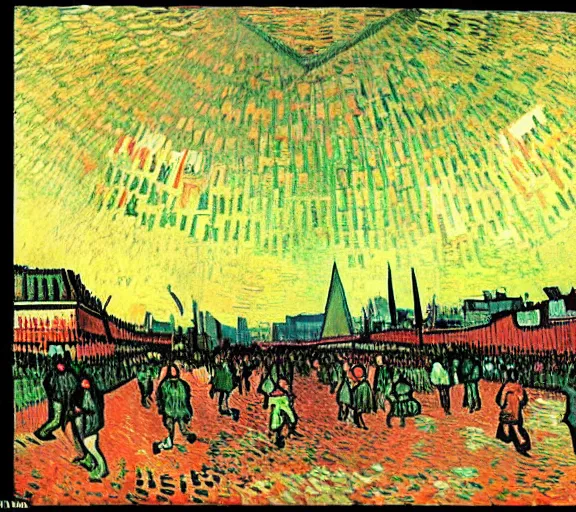 Image similar to a giant triangular dumpling with meat in the center eats people in the city of the future, people run and scream, by van gogh, realism, futurism