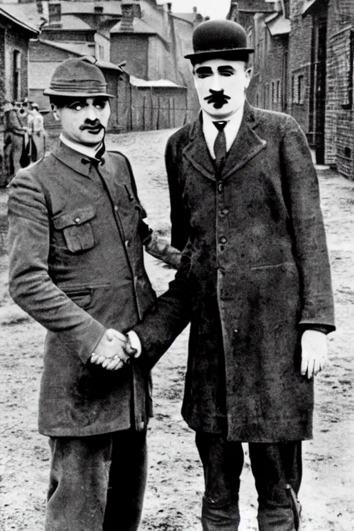 Image similar to a photograph of charlie chaplin and adolf hitler shaking hands in front of auschwitz gate, hitler, original photograph, rare