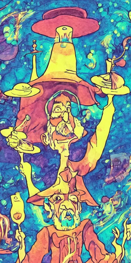 Prompt: a mystical man with a goblet on the table, wizard hat, psychedelic, Korean animation