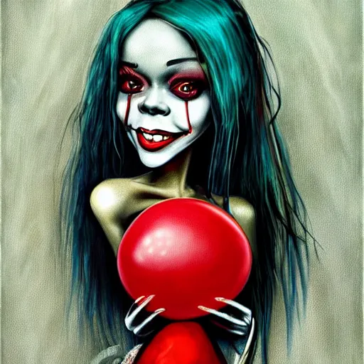 Image similar to grunge cartoon painting of rihanna with a wide smile and a red balloon by chris leib, loony toons style, pennywise style, corpse bride style, horror theme, detailed, elegant, intricate