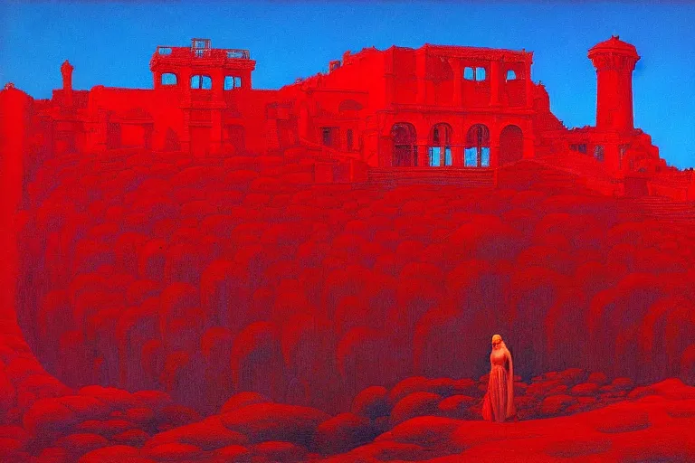 Image similar to only with red, a red melted emperor, taormina amphitheatre, crowd hails him happy, in the style of beksinski, parts by edward hopper, parts by rodcenko, parts by yue minjun, intricate and epic composition, red by caravaggio, insanely quality, highly detailed, masterpiece, red light, artstation, 4 k