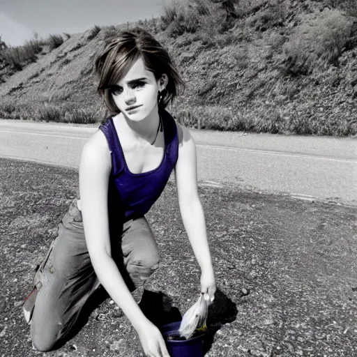 Image similar to photo, close up, emma watson in a hi vis vest picking up trash on the side of the interstate, portrait, kodak gold 2 0 0,