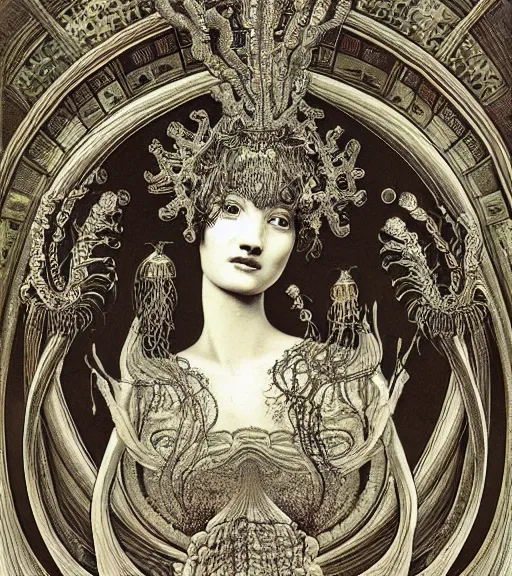 Image similar to portrait of a beatiful young goddess with intricate jellyfish headdress, dark background, intricate hyper detailed art by ernst haeckel,