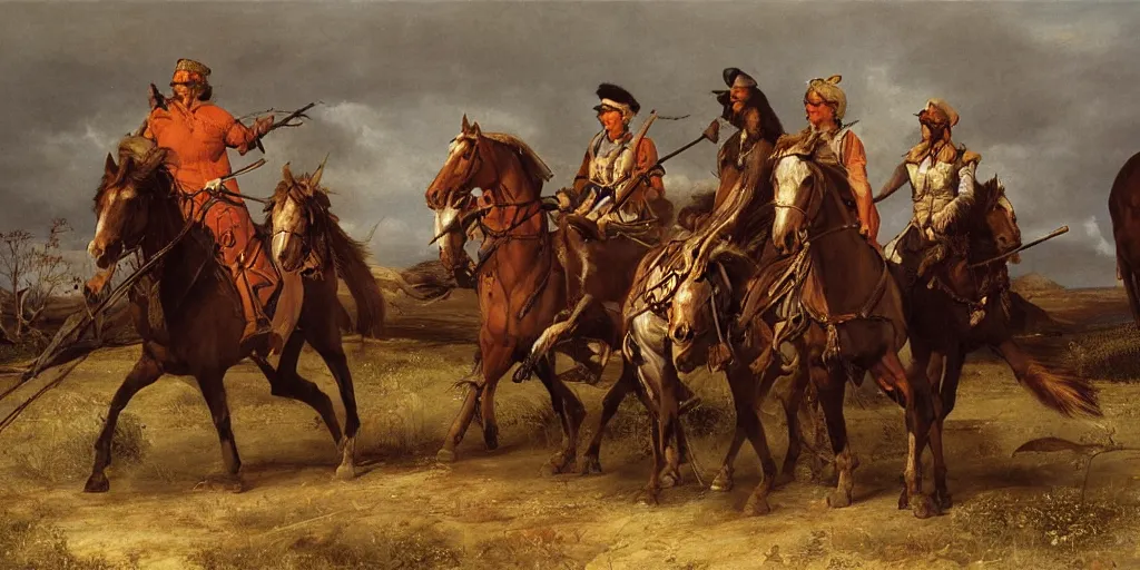 Image similar to artwork by eugene von guerard, the four horsemen