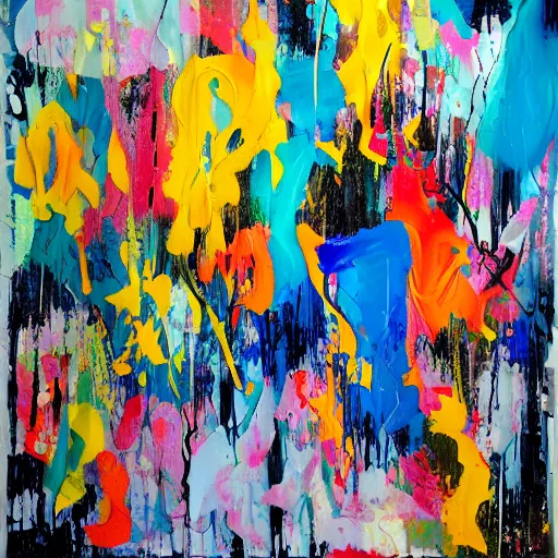 Prompt: abstract expressionist painting, paint drips, acrylic, wildstyle, clear shapes, maximalism, smeared flowers