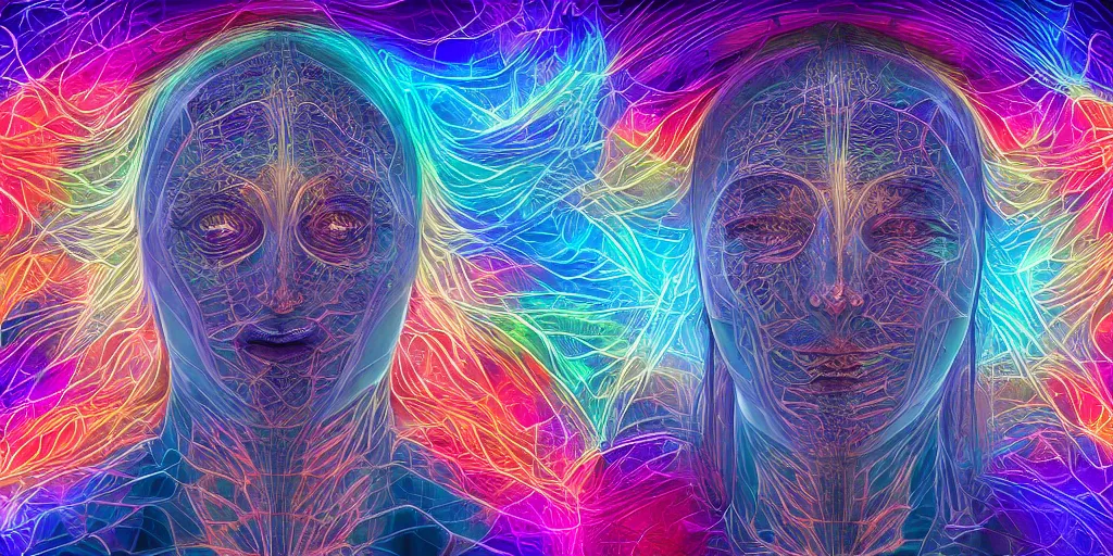 Image similar to transcendence into collaborative intelligence, endless collaboration with ai, connectedness, body, by alex grey, album cover, award winning, beautiful, colorful, volumetric lighting, trending on artstation, cinematic
