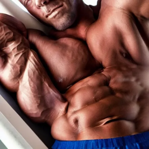 Image similar to huge muscles bodybuilder with head of a baby sleeping in a crib, barrel chested, rippling muscles, huge veins, bulging muscles, ripped, award winning photography, high detail