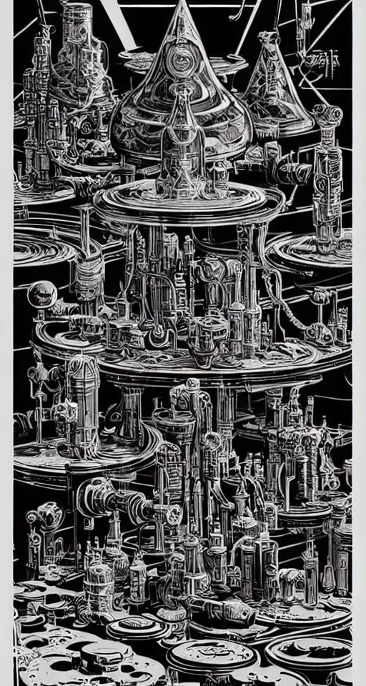 Image similar to ancient alchemist wizards laboratory, high details, lineart, by vincent di fate, inking, 3 color screen print, masterpiece, trending on artstation, sharp, high contrast, hyper - detailed, hd, 4 k, 8 k