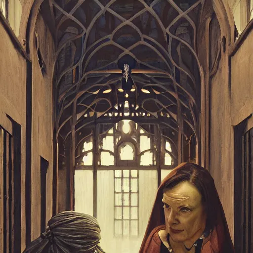 Image similar to detailed face of an intelligent cloaked scholarly middle aged woman with kind eyes in a architectonic victorian courtyard at a science expo, atmospheric, ambient, pj crook, syd mead, livia prima, artgerm, greg rutkowski, nick alm, casey baugh